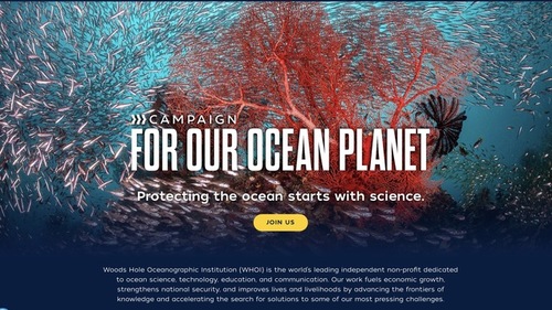 Woods Hole Oceanographic Institution campaign: For Our Ocean Planet, Protecting the ocean starts with science, over a red sea fan and a school of silvery fish