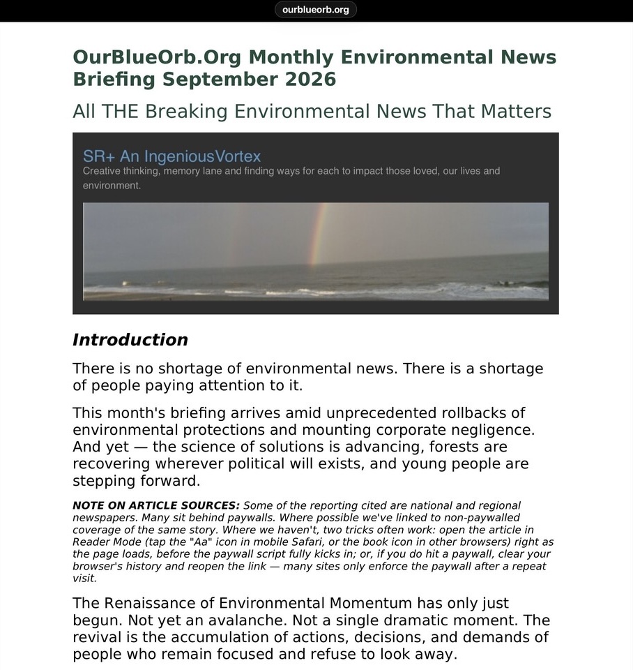 Screens hot of the OurBlueOrb.Org Monthly Environmental News Briefing, September 2026: All THE Breaking Environmental News That Matters (PDF)